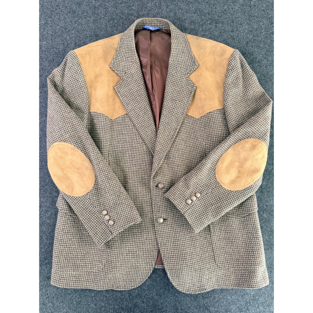 Pendleton Mens 50 Wool Western Blazer Houndstooth Suede Yoke Elbow Patches Brown